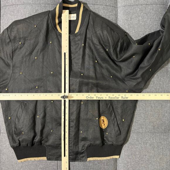 Vintage Pia Rucci Jacket Women Medium Black 100% Ramie Studded Gold Bomber - Picture 3 of 6